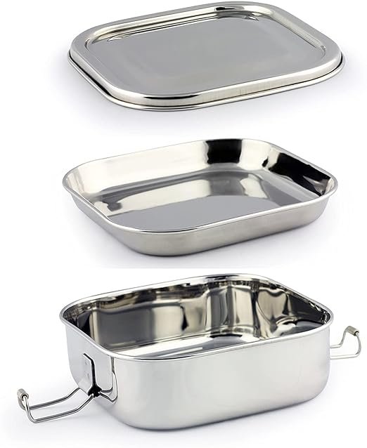 JVL Stainless Steel Lunch Box for Kids, Single Layer Tiffin Box for School and Office use with Inner Plate - Square - Medium Size