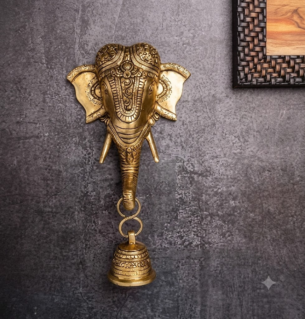 Brass Elegant Superfine Elephant Head with a Bell Wall Hanging Statue