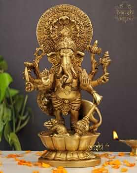 Brass Ashtabhuja Simha Ganesha Statue