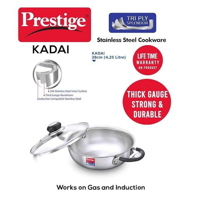 Prestige Tri Ply Splendor Kadai With Glass Lid