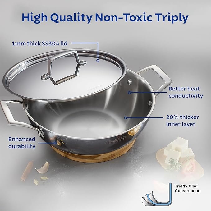 Tramontina Aeion Triply Stainless Steel Kadai with Lid
