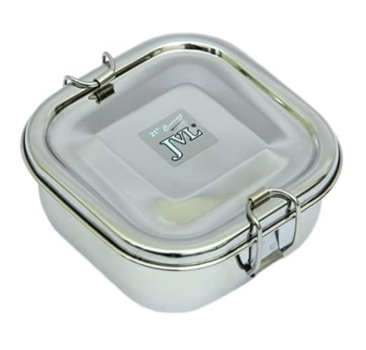 JVL Stainless Steel Lunch Box for Kids, Single Layer Tiffin Box for School and Office use with Inner Plate - Square - Medium Size