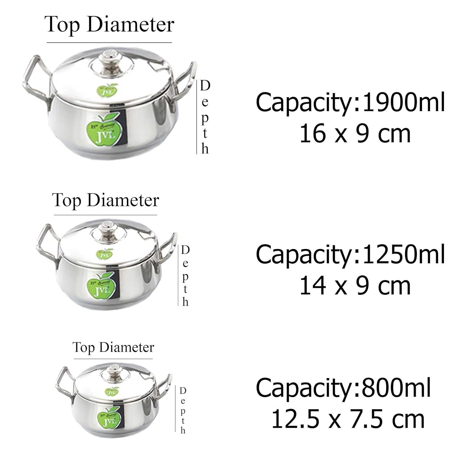 JVL SS Armor Mirror Finish Pot Serving Dish Set 3