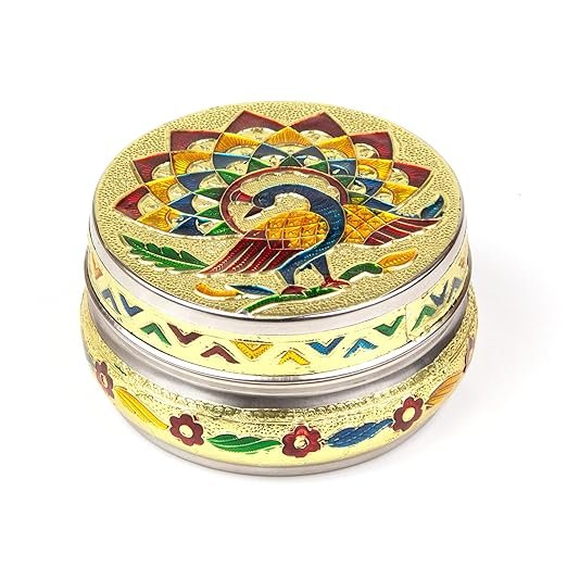 Stainless Steel Round Container Box with Peacock Design