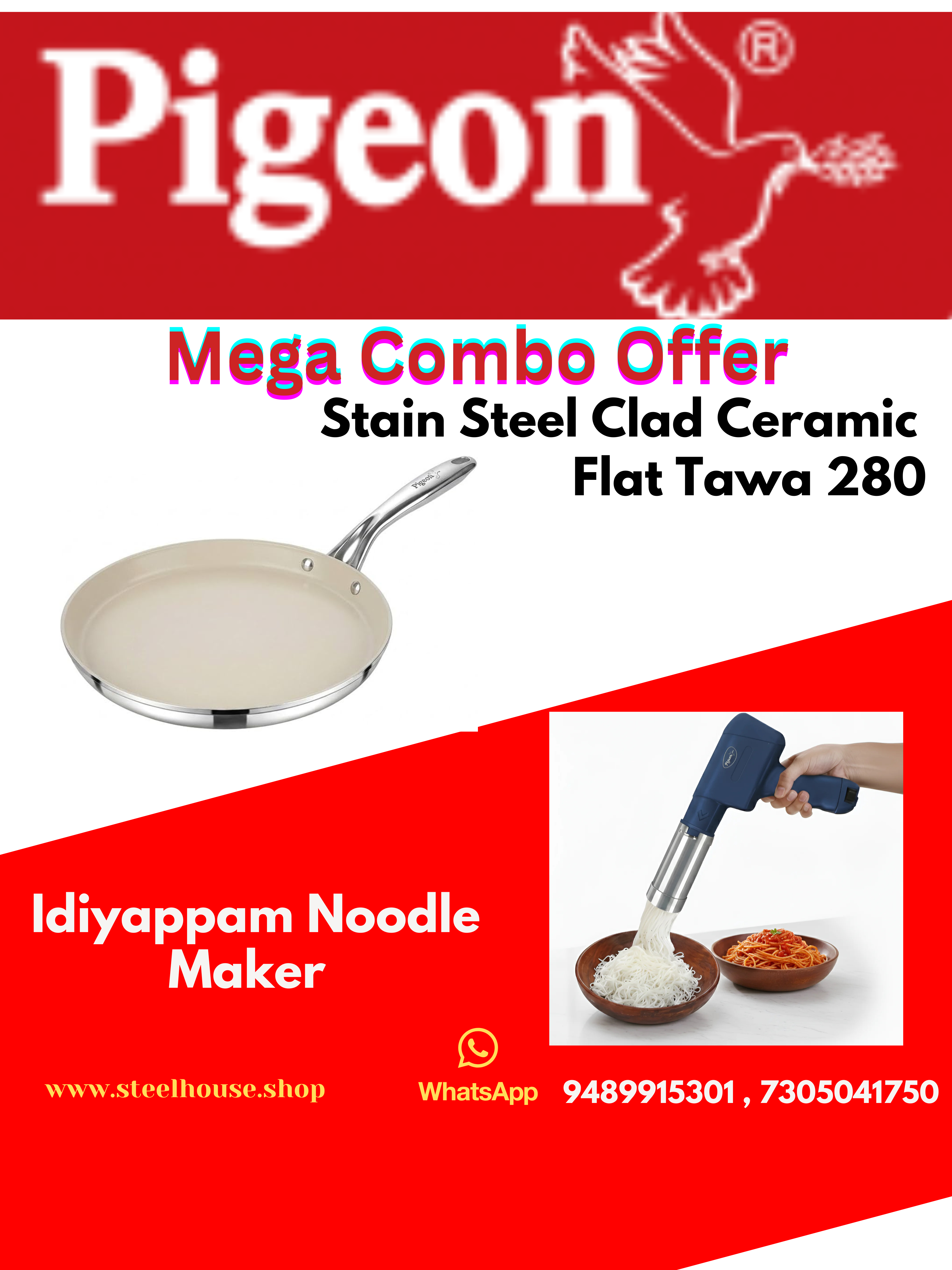 PIGEON CERRASTEEL CLAD CERAMIC TAWA 280 & PIGEON NOODLES MAKER
