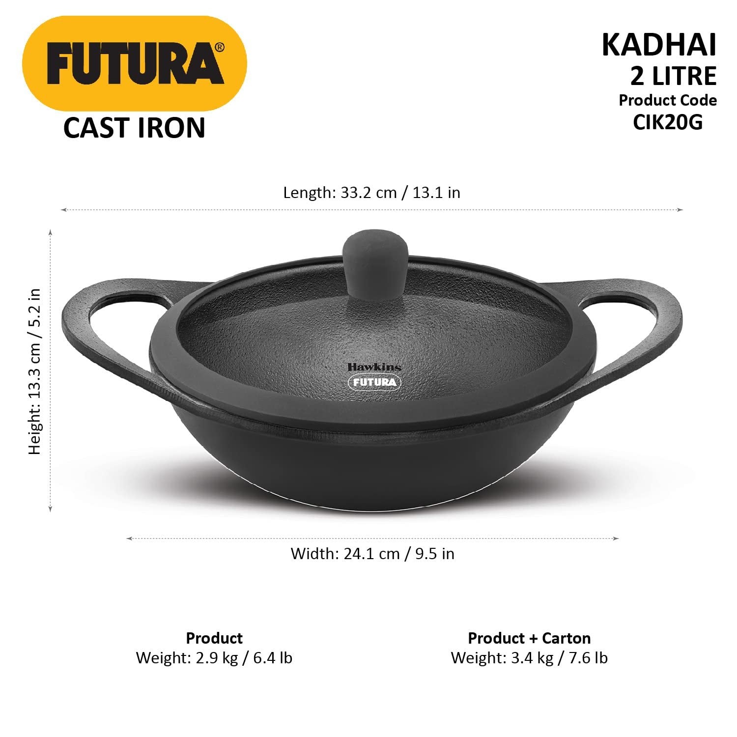 Hawkins Futura Naturally Nonstick Cast Iron Kadai with Glass Lid