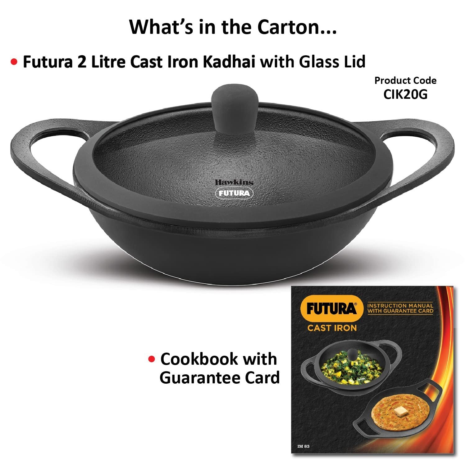 Hawkins Futura Naturally Nonstick Cast Iron Kadai with Glass Lid