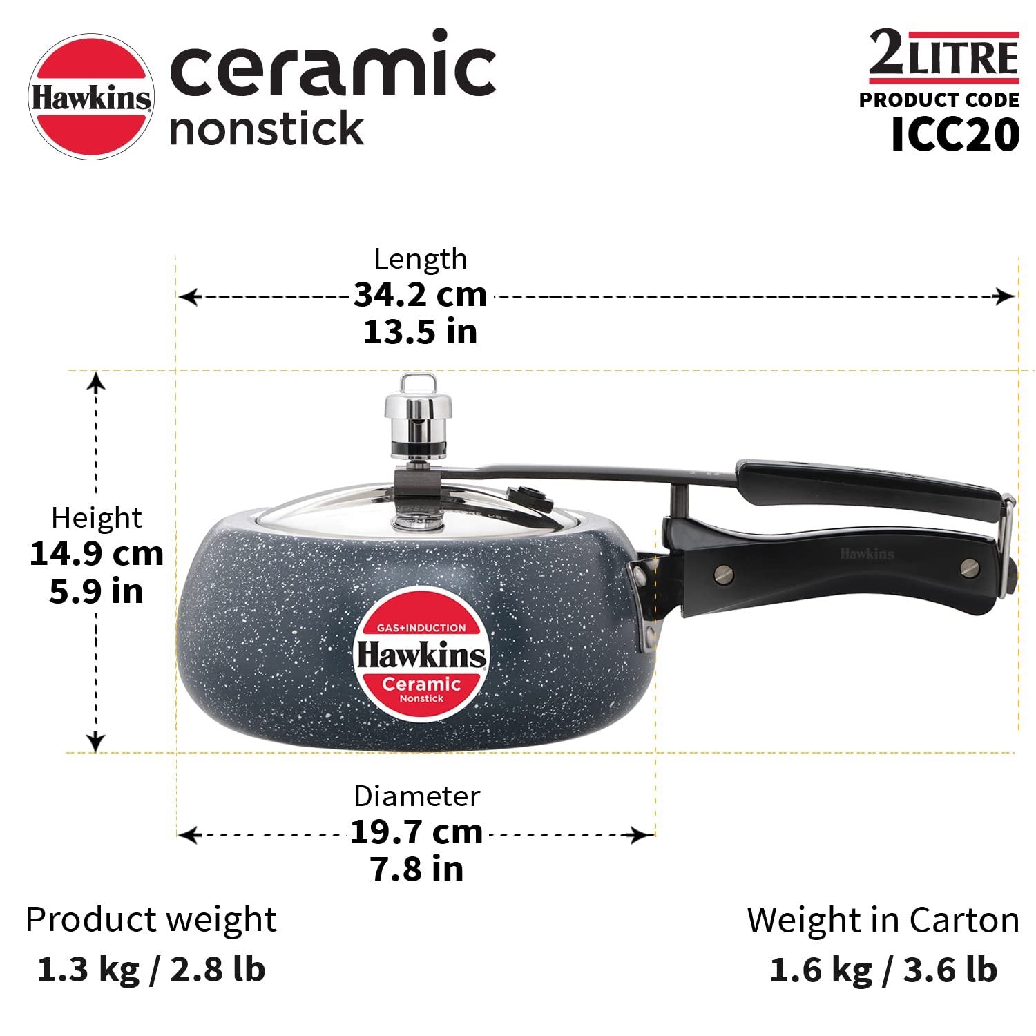 Hawkins Ceramic Nonstick Pressure Cooker 2 Litre