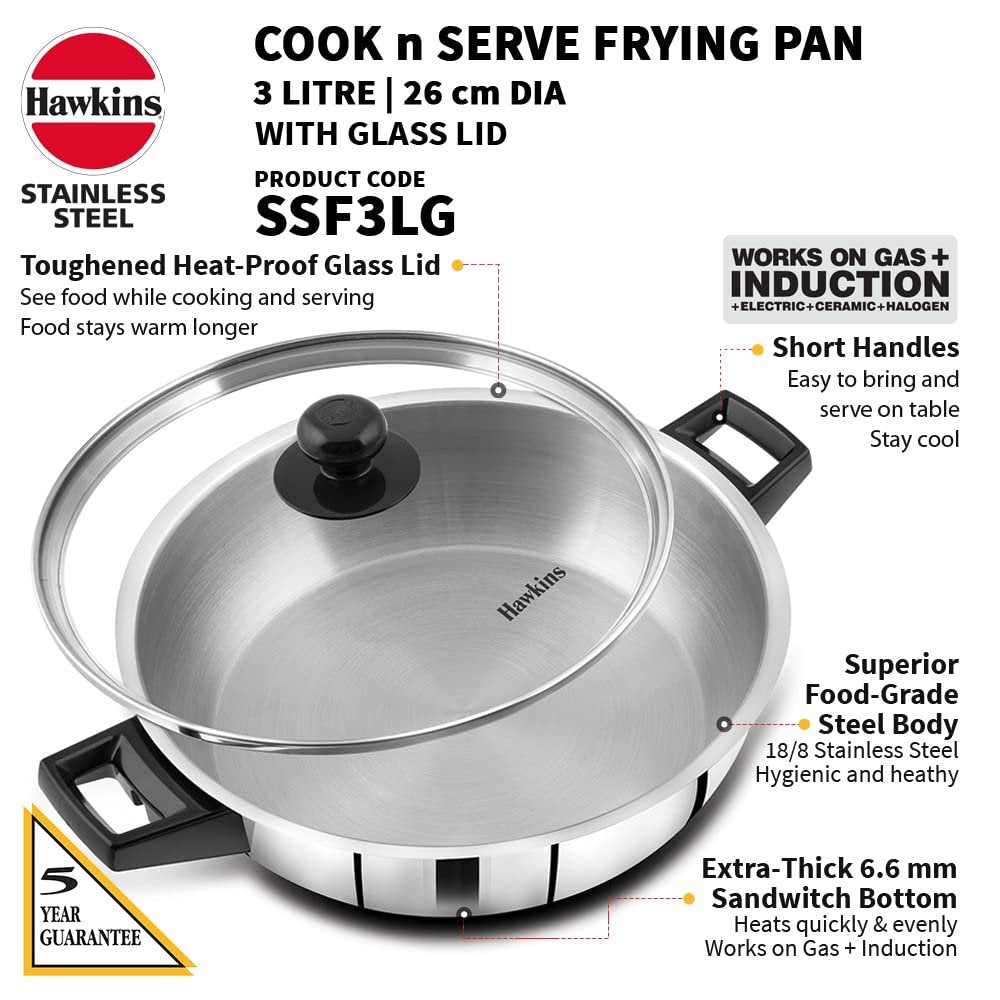 Hawkins Cook n Serve Stainless Steel Fry Pan with Glass Lid