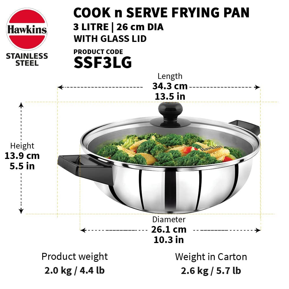 Hawkins Cook n Serve Stainless Steel Fry Pan with Glass Lid