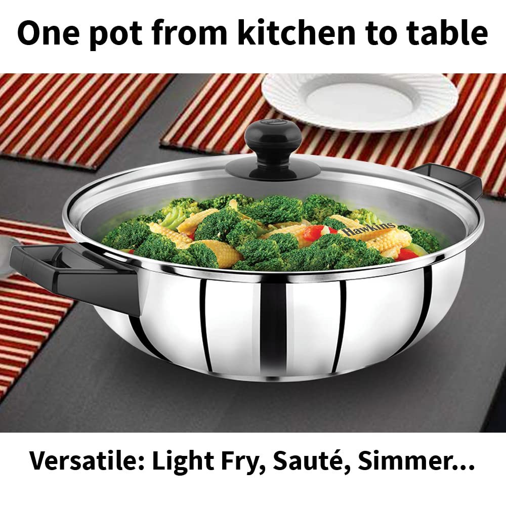 Hawkins Cook n Serve Stainless Steel Fry Pan with Glass Lid