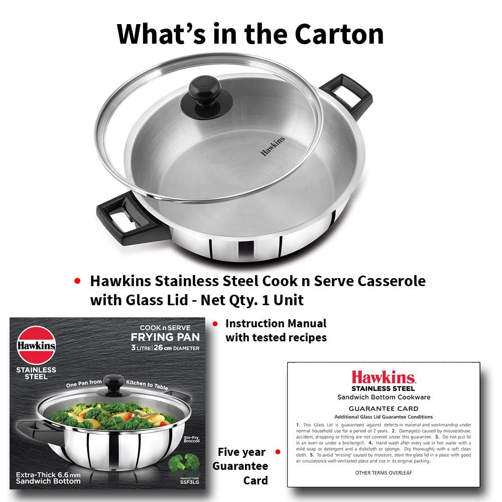 Hawkins Cook n Serve Stainless Steel Fry Pan with Glass Lid