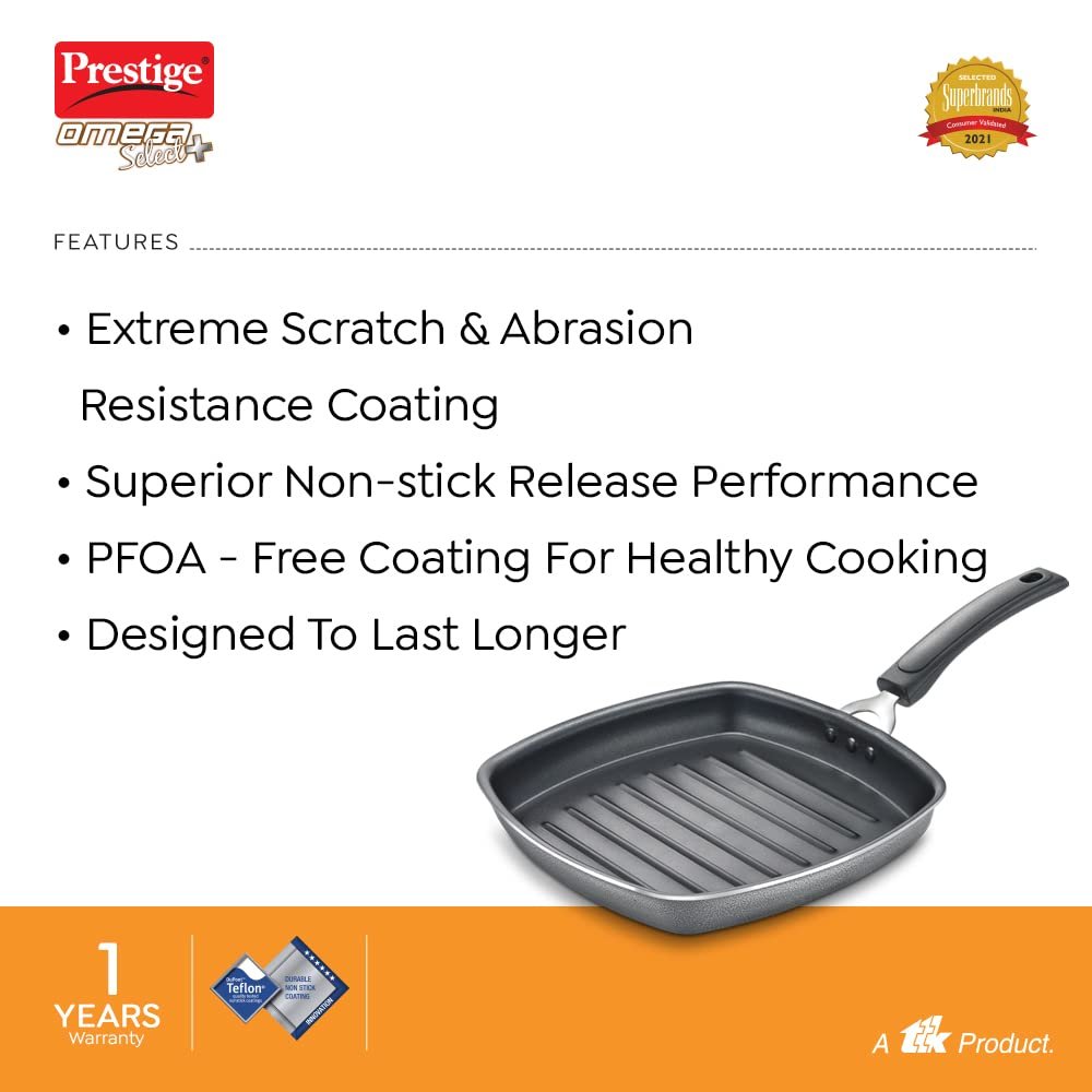 Prestige Omega Select Plus Square Induction Base NonStick Aluminium Grill Pan 25 Cm