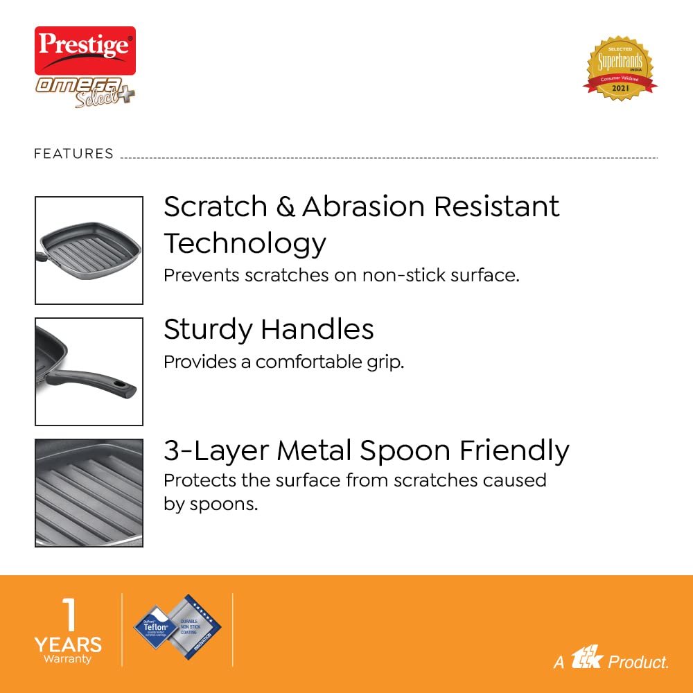 Prestige Omega Select Plus Square Induction Base NonStick Aluminium Grill Pan 25 Cm