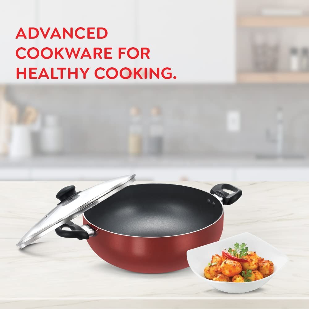 Prestige Omega Deluxe Non-Stick Deep Kadai With Glass Lid