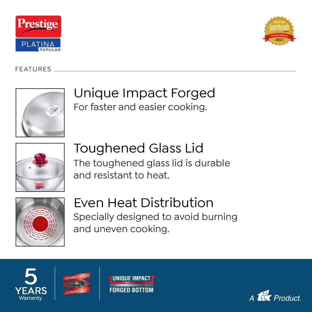 Prestige Platina Popular Stainless Steel Kadai with Glass Lid