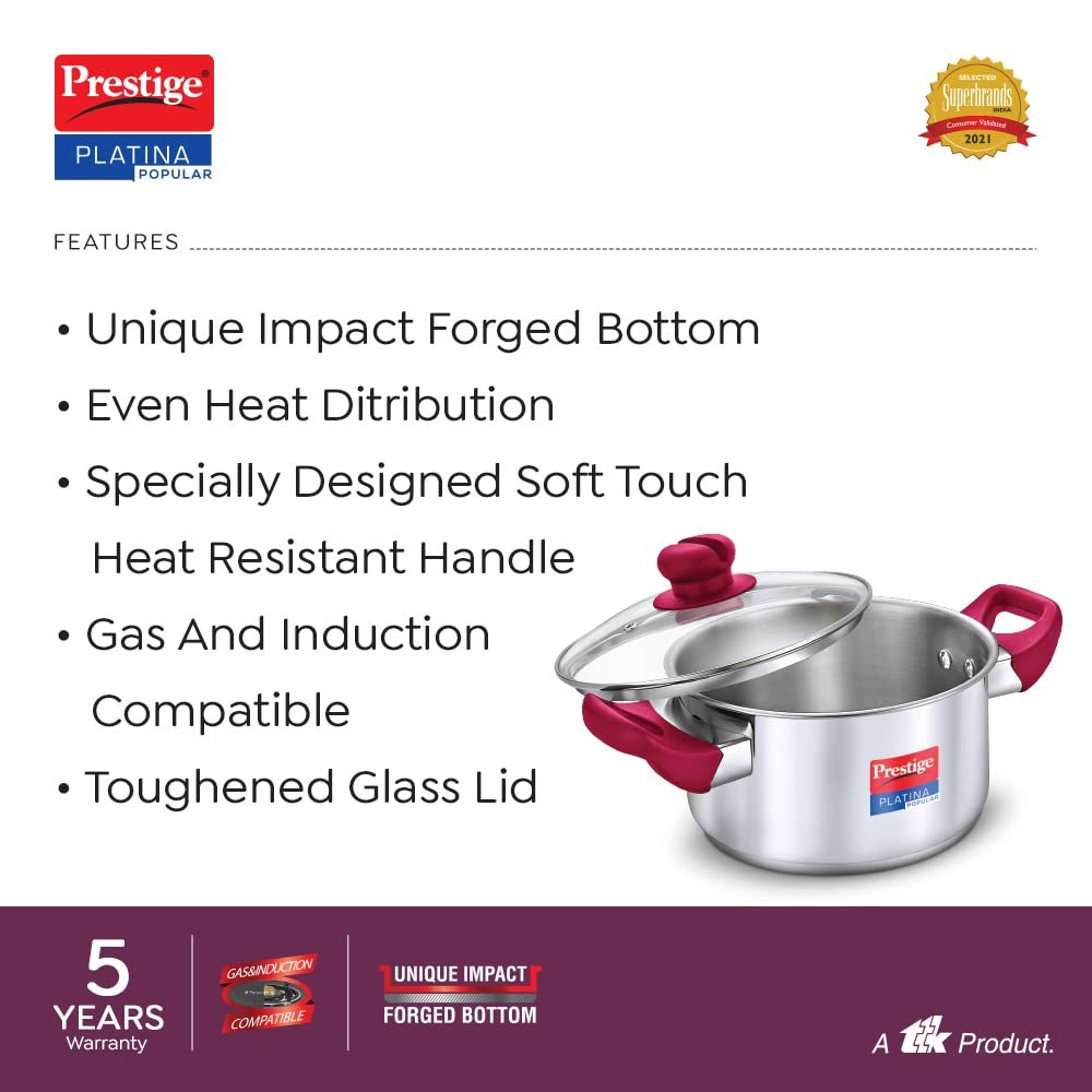 Prestige Platina Popular Stainless Steel Casserole with Glass Lid