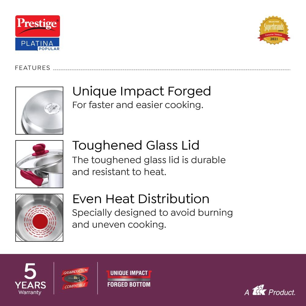 Prestige Platina Popular Stainless Steel Casserole with Glass Lid