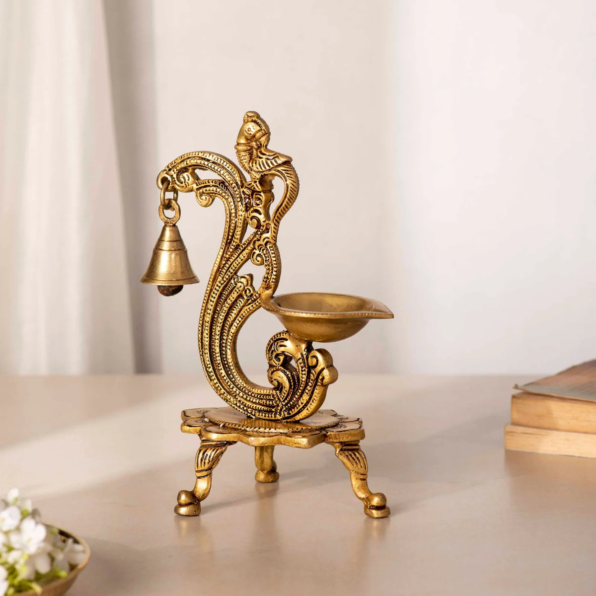 Brass Parrot Diya With Bell