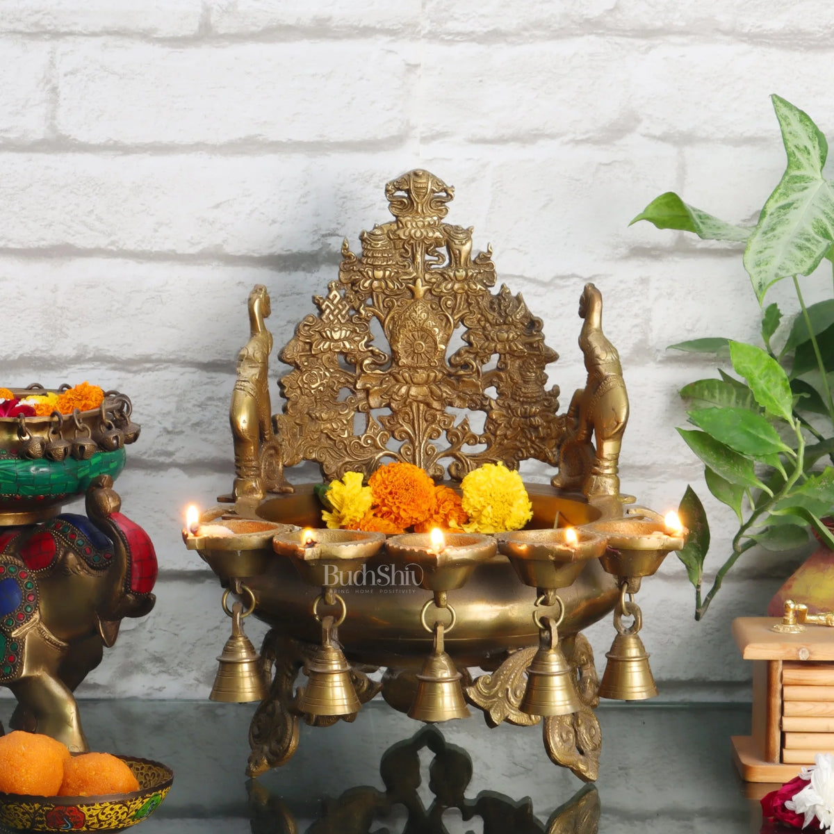 Brass Decorative Elephant Design Uruli with Diya and Bells