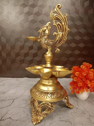 Brass Peacock Design Oil Lamp