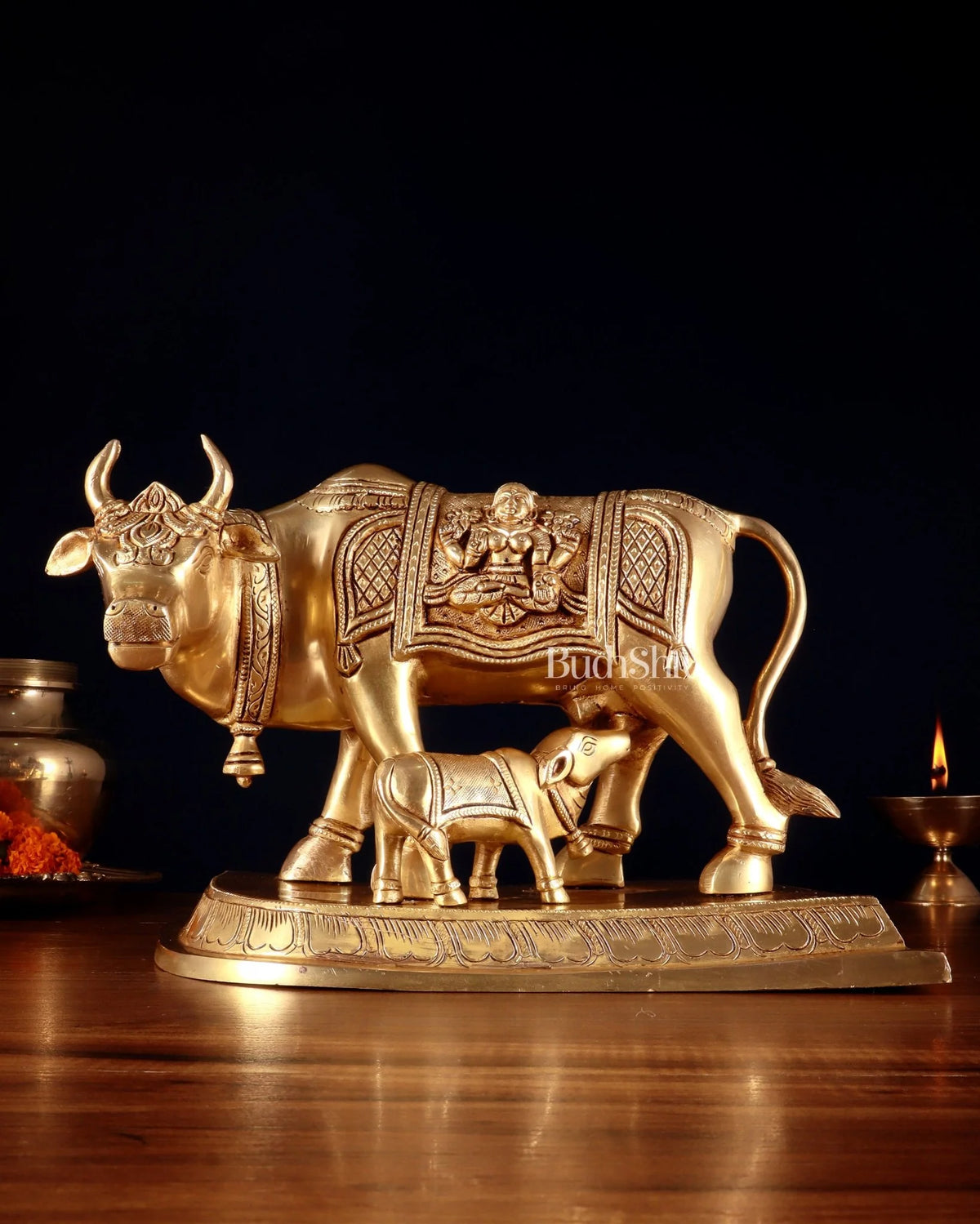 Brass Kamdhenu Cow  and Calf Statue