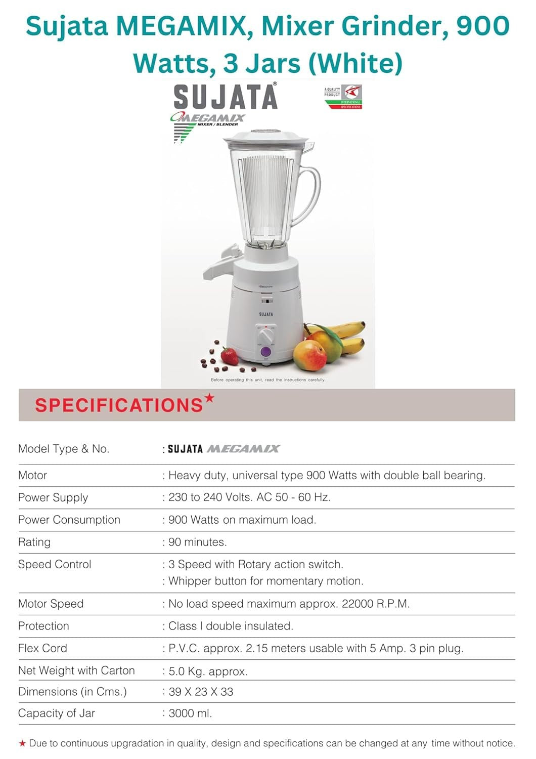 Sujata Mega Mix Specifications